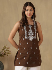 Coffee Brown Ethnic Motifs Embroidered Square Neck Kurti