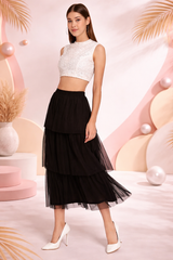 Black Layered Midi Net Skirt