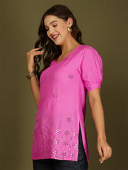 Mirror Work Puff Short Sleeves Kurti (Fuchsia)