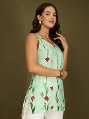 Hand Painted V-Neck Sequinned Straight Kurti (Lime Green)