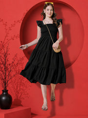 Flutter Sleeve Crepe A-Line Midi Dress