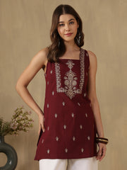 Maroon Ethnic Motifs Embroidered Square Neck Kurti