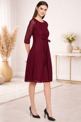 Women Burgundy Lace Fit and Flare Dress