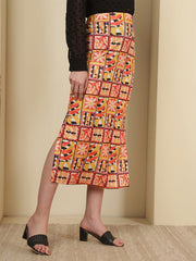 Mustard Abstract Printed Straight Midi Skirt