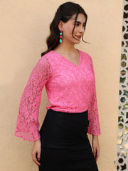 Floral Flared Sleeve Lace Blouson Fuchsia Top