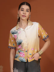 Mustard Digital Printed Spread Collar Crop Shirt