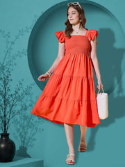 Orange Flutter Sleeve Crepe A-Line Midi Dress