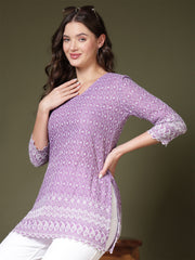 Embroidered V-Neck Chikankari Kurti (Lavender)