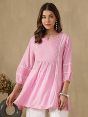 Embroidered Puff Sleeves Peplum Top ( Pink )