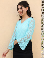 Floral Flared Sleeve Lace Blouson Sky Blue Top