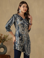 Teal Paisley Printed V-Neck Asymmetric Hem Kurti