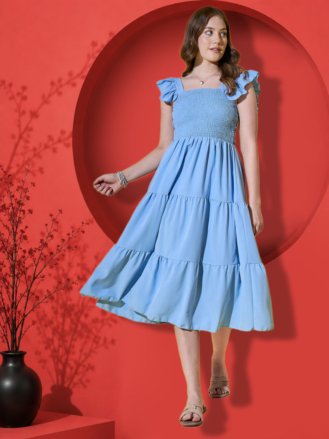 Elegant Flutter Sleeve Crepe A-Line Midi Dress