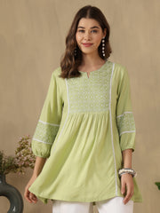 Embroidered Puff Sleeves Peplum Top ( Sea Green )