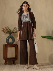 Coffee Brown Embroidered Peplum Style Khadi Co-ord Set