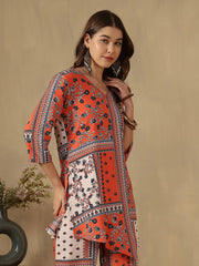 Orange Printed V-Neck Asymmetric Hem Kurti