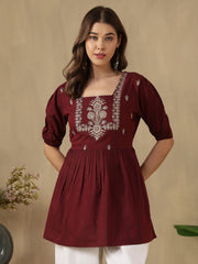 Embroidered Puff Sleeve Peplum Top ( Maroon)