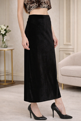 Black Velvet Straight Midi Skirt