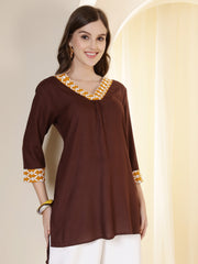 Coffee Brown V-Neck Thread Work High-Low Kurti