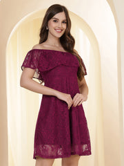 Off-Shoulder Ruffled Lace Fit & Flare Dress