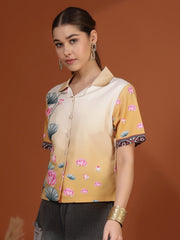 Mustard Digital Printed Spread Collar Crop Shirt
