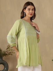 Embroidered Puff Sleeves Peplum Top ( Sea Green )