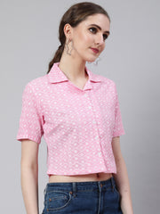 Floral Embroidered Pink  Shirt Style Top