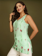 Hand Painted V-Neck Sequinned Straight Kurti (Lime Green)