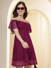 Off-Shoulder Ruffled Lace Fit & Flare Dress