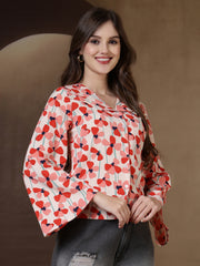 Floral Print Flare Sleeves Front Open Top (Peach)