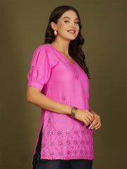 Mirror Work Puff Short Sleeves Kurti (Fuchsia)