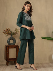Green Embroidered Peplum Style Khadi Co-ord Set