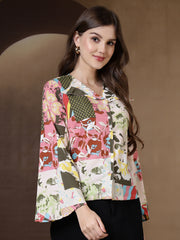 Abstract Print Flare Sleeves Front Open Top (Peach)
