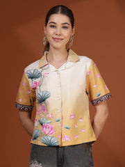 Mustard Digital Printed Spread Collar Crop Shirt