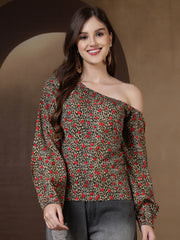 Animal Print One Shoulder Top (Khaki)