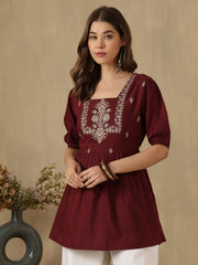 Embroidered Puff Sleeve Peplum Top ( Maroon)