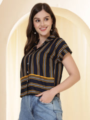 Navy Blue Striped Spread Collar Crop Shirt