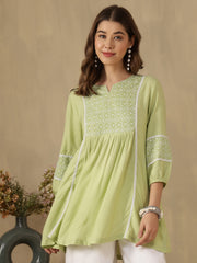 Embroidered Puff Sleeves Peplum Top ( Sea Green )