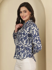 Floral Printed Spread Collar  Linen Shirt