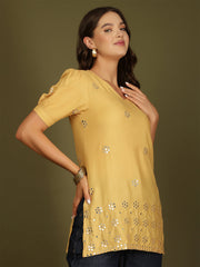 Mirror Work Puff Short Sleeves Kurti (Beige)
