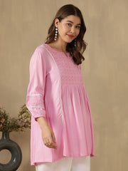 Embroidered Puff Sleeves Peplum Top ( Pink )