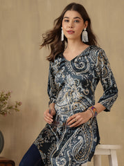 Teal Paisley Printed V-Neck Asymmetric Hem Kurti