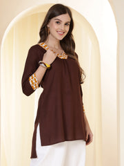 Coffee Brown V-Neck Thread Work High-Low Kurti