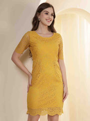 Mustard self design sheath dress