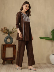 Coffee Brown Embroidered Peplum Style Khadi Co-ord Set