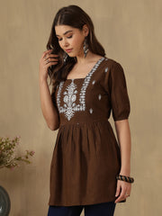 Embroidered Puff Sleeve Peplum Top