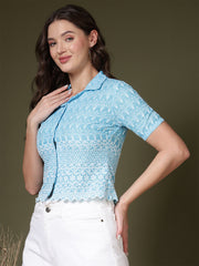 Embroidered Schiffli Shirt Style Crop Top – Blue & White