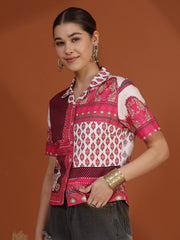 Cream Digital Printed Spread Collar Crop Shirt