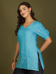 Mirror Work Puff Short Sleeves Kurti (Turquoise)