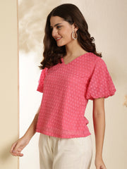 Polka Dot Baloon Sleeves Coral Regular Top
