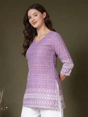 Embroidered V-Neck Chikankari Kurti (Lavender)